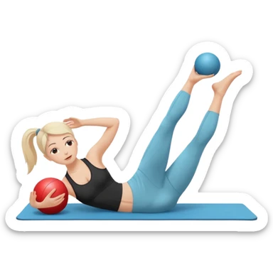 generate a pretty woman doing pilates on a mat with a small ball sticker
