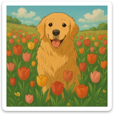 golden retriever surrounded by tulips in ghibli style sticker