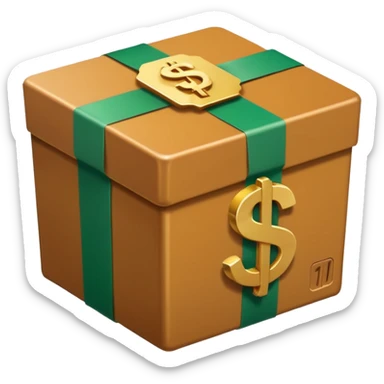 Closed box with smooth, rounded edges

Light honey‑brown tape strip with a glossy highlight

Flat green bill with a bold white dollar sign, anchored at the bottom left of the box

Slight soft shadow under the bill for depth

Plain white background for that crisp, emoji‑ready finish sticker