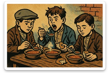 Poor School children in the early 1900s industrial britain sitting down on a wooden table eating their free school meal.  The children are eating hot soup and bread.   sticker