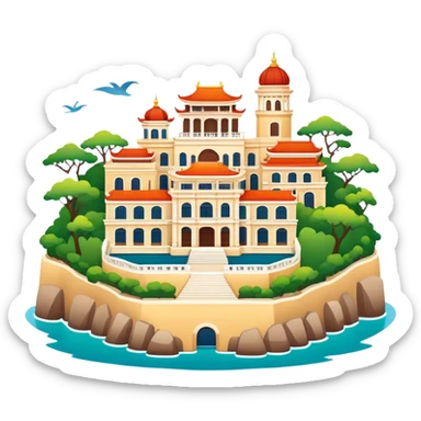 Gulangyu Island Xiamen with colonial buildings, simplified emoji style with bold outlines and bright colors, cartoon style island with piano shape sticker