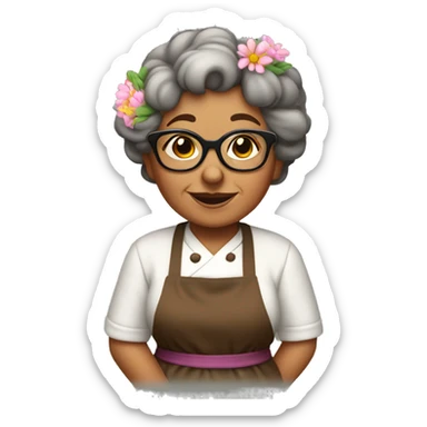 Little brown grandma with glasses in cooking apron with flowers sticker