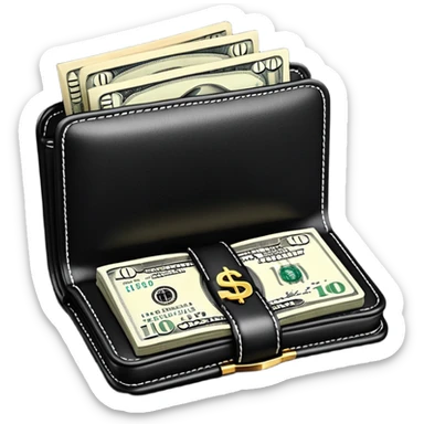 Rich emoji style black leather wallet with dollar bills, luxury money vibe, premium 3D emoji, ultra clean, high detail, no background sticker
