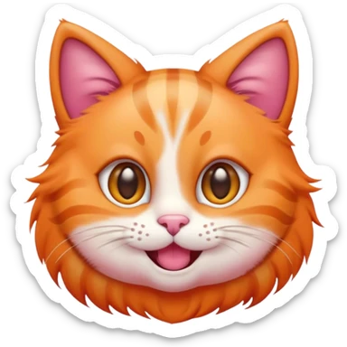 cute cat emoji features a round face with large, expressive eyes and a cheerful smile. Its warm orange fur has subtle stripes, and its perked-up ears have a pink hue. With a fluffy, curled tail and prominent whiskers sticker