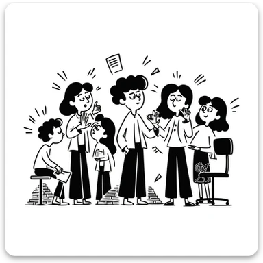 Messy group of confused teammates with mixed expressions and chaos sticker