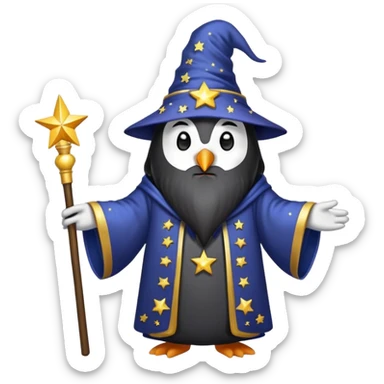 penguin wizard with a long beard and starry robe sticker