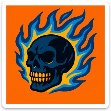 Add blue flames to the burning skull while keeping the fire effects dynamic and high contrast. Maintain the intense and vivid fiery appearance with a focus on blue flame details blending naturally with the existing fire. sticker