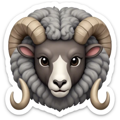Cinematic Noble Ram Portrait Emoji, Poised and regal, with a sturdy, powerful build and a thick, woolly grey fur adorned with impressively curled horns, deep-set soulful dark eyes, Simplified yet sharp and sophisticated features, highly detailed, glowing with a soft, dignified glow, high shine, intelligent and commanding, stylized with an air of rugged majesty, focused and attentive, soft glowing outline, capturing the essence of a watchful and confident ram, so majestic it feels as though it could charge out of the screen with effortless authority! sticker