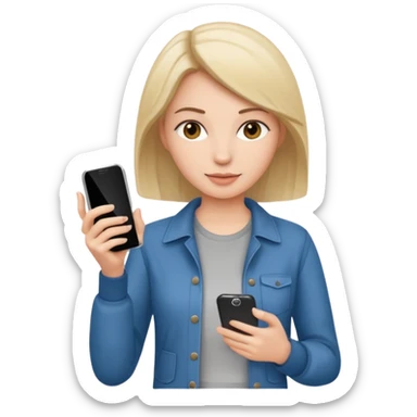 woman casual clothes holding one phone sticker