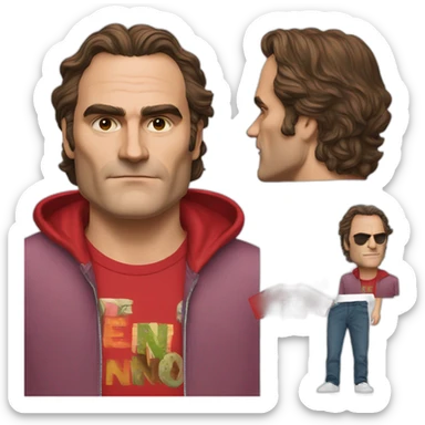 joaquin phoenix wearing a red t-shirt with text "N.E.N.N.O" sticker