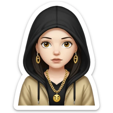 white girl with a hood on with dark hair looking like a rapper sticker