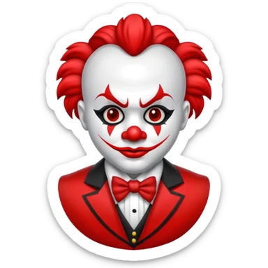 Crea un payaso con cara blanca que tenga en la frente una a en la cabeza, tengo unos cuernos negros y que en el cuerpo tengo un traje negro con rojo sticker