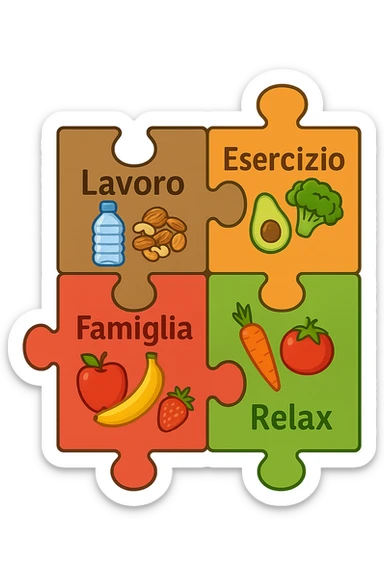 Puzzle (Lavoro, Esercizio, Famiglia, Relax), and healthy foods are integrated into each piece. in italiano sticker