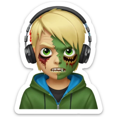 boy zombie whit blonde emo hair and eyes blue and GREEN SKIN and heandphones AND A MICROFONE AND GOLD TEETH and agesive face and the hoodie black sticker