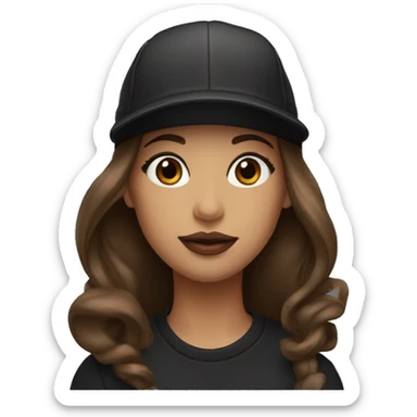 A beautiful woman wearing a black cap and black sweatshirt, big lips, brown straight long hair.  sticker