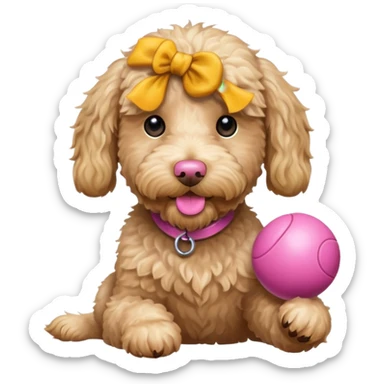 A blonde labradoodle with pink nose that is playing with toy sticker