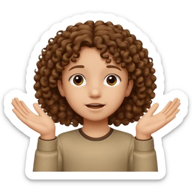 A kid with curly hair with both hands facing up saying 67 sticker