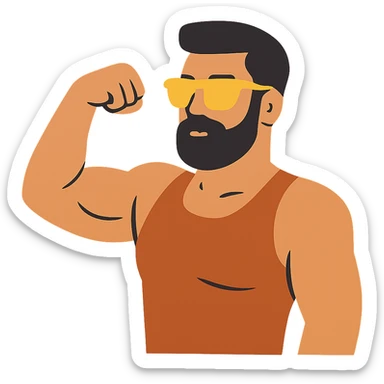 flat design style muscular man with black beard wearing yellow sunglasses sticker