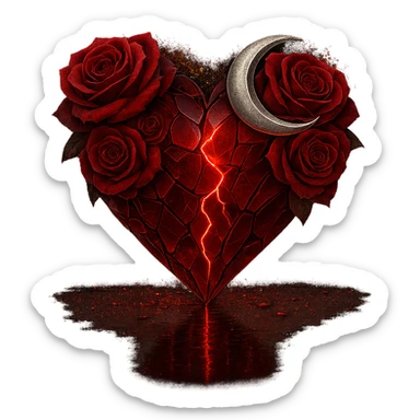 Edit the gothic heart to be formed from splintered deep red glass, silver crescent moon, red roses, sparkling holographic stardust, neon lightning, and a wet, reflective surface. Keep the background transparent. The style should maintain the gothic heart's original look with transparent background. sticker