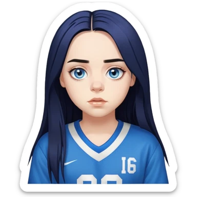 billie eilish singing long black hair blue eyes dark eyeliner makeup, wearing jersey sticker