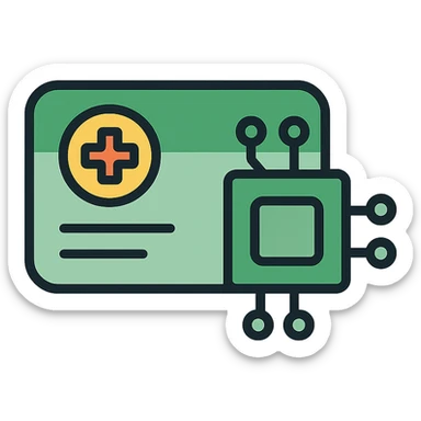 modern icon design for a clinic core application logo, green tones, combines a healthcard icon with a tech software element, contemporary and trustworthy sticker