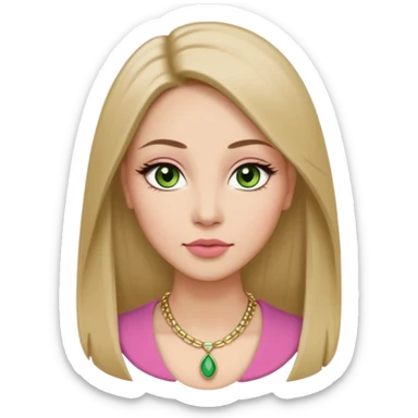 ,Adult woman avatar, light skin tone, oval face, long straight ash-brown hair, green almond-shaped eyes with dramatic eyelashes and minimal eyeliner, neutral mouth, medium straight eyebrows, small nose, natural pink lips, smooth skin with light natural blush sticker