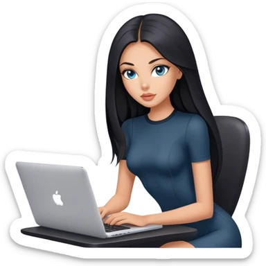 Glamours tanned very beautiful girl with pump peach nude lips and black straight smooth long hair, blue-grey eyes in beautiful short sleeves black bodysuit with MacBook sticker
