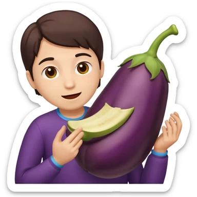 A person eating an eggplant sticker
