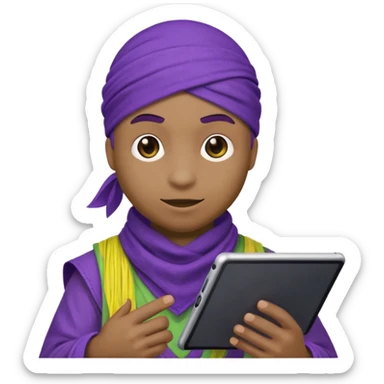 Donatello from Teenage Mutant Ninja Turtles, emoji style, using a tablet with a hacking screen and a bandana sticker