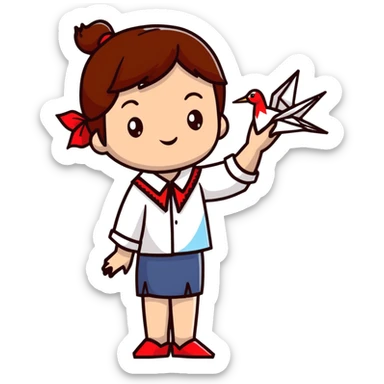 A happy Ukrainian young girl with brown hair in a white embroidered shirt makes an origami red crane craft sticker