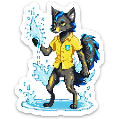 people in yellow shirts spraying water on an anthro black wolf sticker