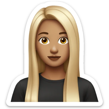 Girl with long straight hair with parting in the middle brown eyes black t-shirt with cut nice makeup sticker