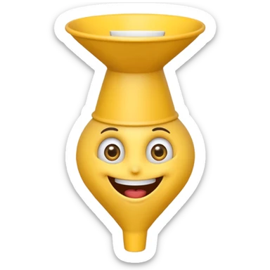 Crazy laughing emoji on upside-down kitchen funnel on its head (not a hat), wide smile, big eyes, cartoon emoji style, bright colors. sticker