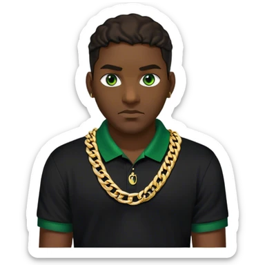 Homme Antillais avec des looks des yeux verts, des chaine en or épaisses en força ou maille cubaine originaire de Martinique avec un polo noir  sticker