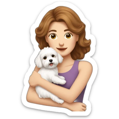 a long brown-haired woman hugging white maltipoo sticker