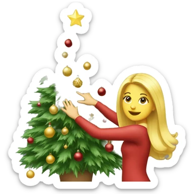 Blond Girl decorating a Christmas tree sticker