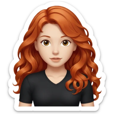 Athletic girl with long light red wavy hair and smaller boobs bigger arms not too big. middle part and black shirt sticker