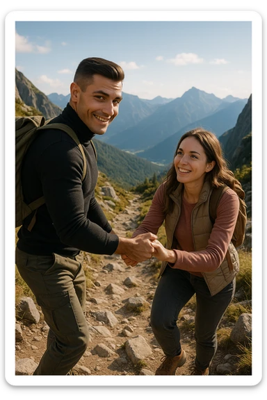 a man and woman climb a mountain trail together, the man leading but frequently looking back to ensure the woman is comfortable and supported. The woman follows with determination and a smile, symbolizing trust, encouragement, and the value of supportive leadership within a relationship. sticker