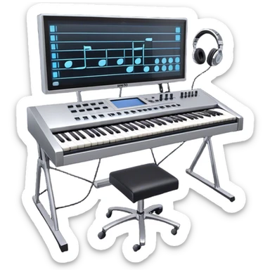 Create a professional and artistic emoji that represents writing music tracks. The design should feature a large monitor displaying musical notes or a score, positioned in front of a professional Korg synthesizer. Add elements like studio headphones, a MIDI keyboard, and an audio interface to symbolize the tools used in music production. Use sleek, modern colors like silver, black, and neon accents to convey the professional environment of music composition. The background should be transparent. sticker