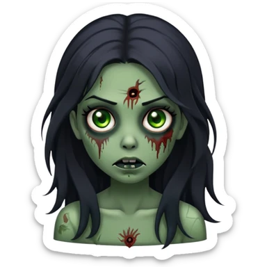 zombie girl with long black hair and black eyes, with dark green skin  sticker