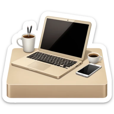 Laptop on the rectangular beige table, coffee and notebook sticker