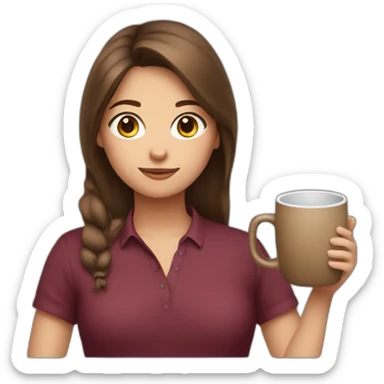 girl with brown hair, burgundy shirt with a large mug in her hand sticker