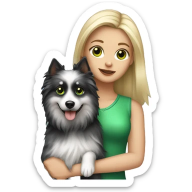 White girl with green eyes and highlights on the hair holding her dog black spitz sticker