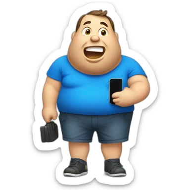fat man in a blue shirt calling with mobile phone sticker
