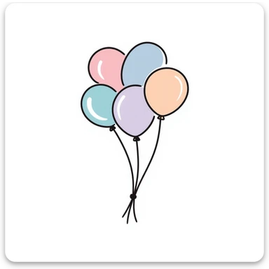 Colorful birthday balloons with strings. Hand-drawn doodle style using pastel colors (pink, light blue, lavender, peach). Simple festive balloon bunch with different shapes and sizes. Celebratory design perfect for birthdays. sticker