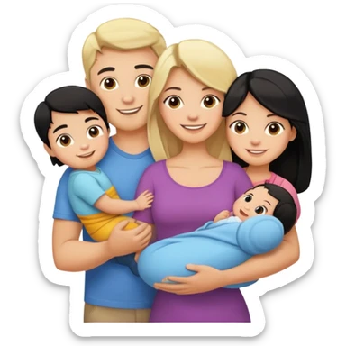 family with blond dad, brunette mom, blonde son, daughter with black hair, and a baby sticker