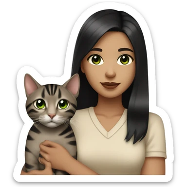 Girl with light skin, brown eyes, shoulder length straight black hair, wears a beige bluse outfit, with a silver bengal cat with Green eyes, holding in her arms sticker