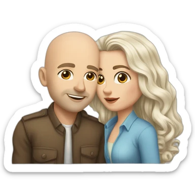 caucasian bald man with grey eyes and a caucasian woman with long curly dark hair and brown eyes kissing sticker