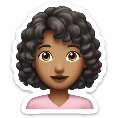 woman with long black curly hair and bangs and dark brown eyes, wearing a pastel pink blouse sticker