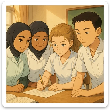 Quatre étudiants infirmiers, inspirés des quatre personnes sur les photos jointes, en style Ghibli, collaborant à l'intérieur. Uniformes blancs à manches courtes, col en V, poche poitrine à gauche, pas de stéthoscopes ni pied de col, avant-bras nus, cheveux longs attachés. Ambiance d'équipe et d'entraide. sticker